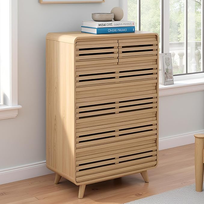 Fluted Dresser for Bedroom, Tall Dresser with 6 Drawers, Chests of Drawers with Grille & Curved Design, Dressers Slides Pre-Installed, Large Wood Drawer Organizer for Bedroom Hallway, Natural Oak