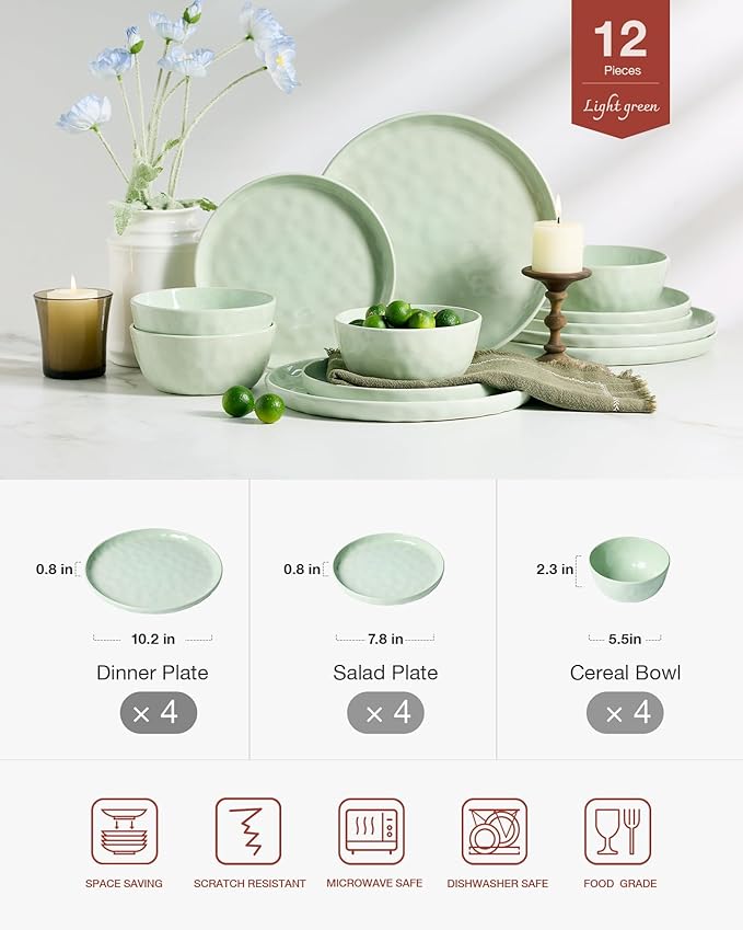Famiware Mars Plates and Bowls Set, 12 Pieces Dinnerware Sets, Dishes Set for 4, Light Green