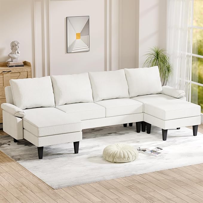 U Shaped Sectional Couch, Convertible Modular Sectional Sofa with Chaise & Ottomans, Modern 6 Seat U Shaped Couches for Living Room Apartment, Beige