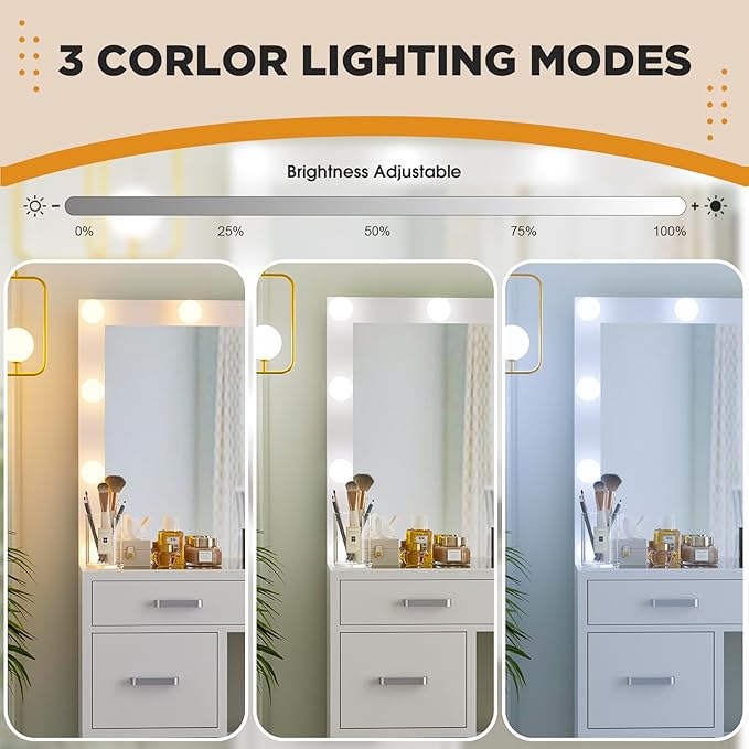 Likein Vanity Desk with Mirror and Lights, 47‘’ Glass Top Vanity with Power Strip, 9 Drawers Makeup Vanity with Lighted Mirror and Chair, 3 Lighting Modes Adjustable Brightness