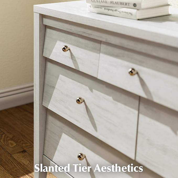 7 Drawers Dresser with Beveled Panel for Bedroom, Farmhouse Chest of Drawers, Mid Century TV Stand Closet Storage Furniture for Hallway, Living Room, Entryway, White