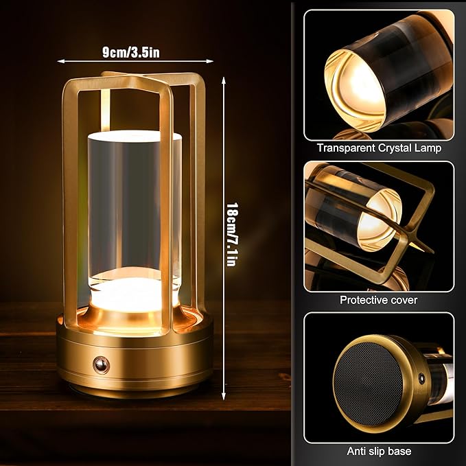 Portable Metal Table Lamp,Cordless Table Lamp, Rechargeable Battery Operated Lights, LED Table Lamps, 3 Color Stepless Dimming Touch, for Bedroom Restaurant Home Outdoor (Golden)