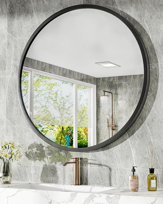 Round Bathroom Mirror 30" X 30" Wall Mount Dresser Metal FrameMirror Over Sink Vanity Hungs Horizontally Or Vertically for Bedroom, Entryway, Living Room,Black