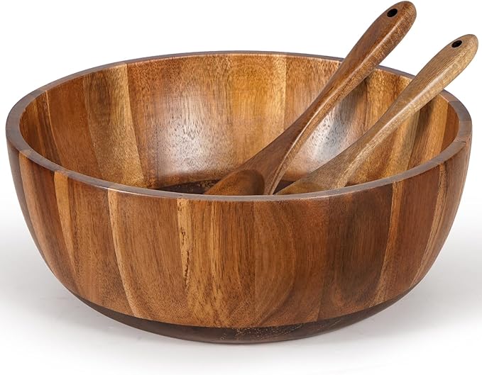 Wooden Salad Bowl Set 11.8 Inch – Acacia Large Wood Salad Bowl with Wooden Serving Utensils, Big Salad Bowls for Fruits, Food Serving & Hosting Family Gatherings