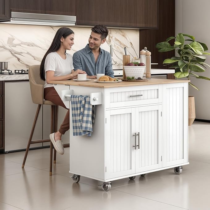 Kitchen Island with Storage & Drop Leaf - 43.3" Mobile Kitchen Cart with Wheels, Rolling Kitchen Island with Trash Bin Cabinet & Towel Rack, Rubberwood Top, White Island for Kitchen