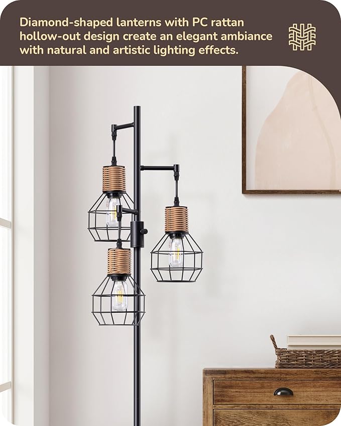 EDISHINE Dimmable Farmhouse Floor Lamp for Living Room, Industrial Black Standing Lamp with 3 LED Edison Bulbs, Corner Rustic Rattan Tall Tree Reading Lamps Home Decor for Bedroom, Office