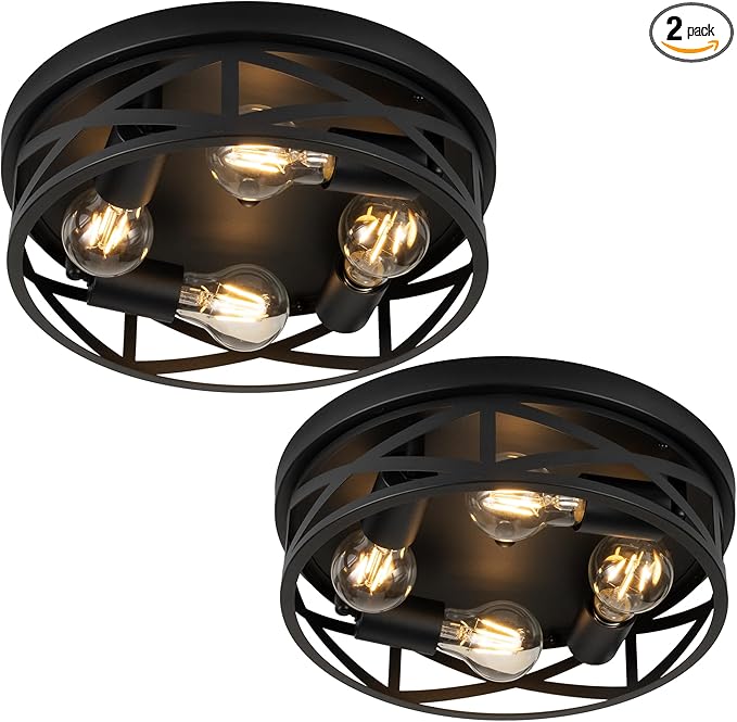 Black Flush Mount Ceiling Light Fixtures,4-Light Modern Hallway Light Fixtures Ceiling, Black Light Fixture Ceiling Mount for Farmhouse,Kitchen, Bedroom 2 Pack