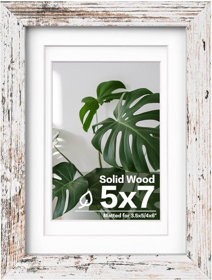 Egofine 5x7 Picture Frame Made of Solid Wood, Covered by Plexiglass Display Pictures 3.5x5/4x6 with Mat or 5x7 Without Mat for Table Top Display and Wall Mounting Photo Frame, Rustic White