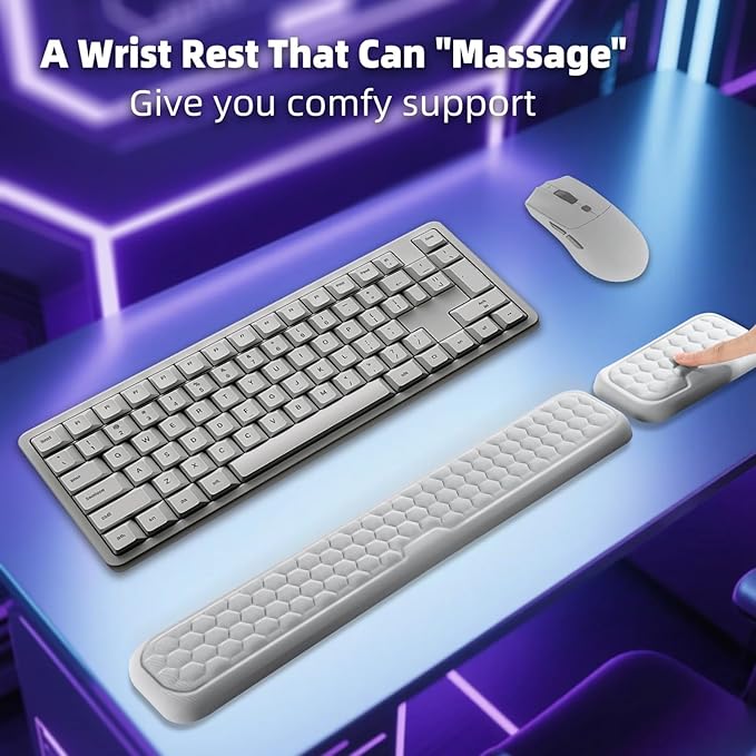 Wrist Rest for Keyboard and Mouse, Upgrade Enlarge Mouse Pad Wrist Rest, Ergonomic Memory Foam, Non-Slip Base for Computer Gaming & Office Work, 2 Piece Set, Grey (17.32x3.15+5.9x3.15 inch)