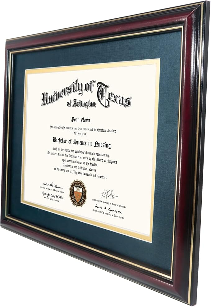 GraduationMall 8.5x11 Diploma Frame with Navy over Gold Mat or Display 11x14 Certificate without Mat,Solid Wood & UV Protection Acrylic,Glossy Cherry Finish with Gold Trim