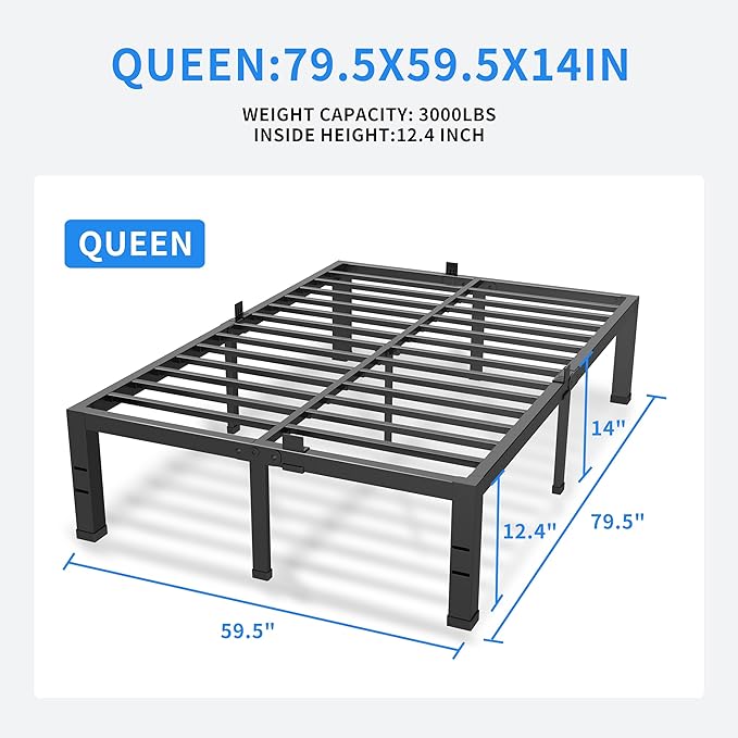 MAF Queen Bed Frame Size 14 Inch Metal Heavy Duty Platform Bedframe with Steel Slats Support Noise Free Queen-Bed-Frame, No Box Spring Needed