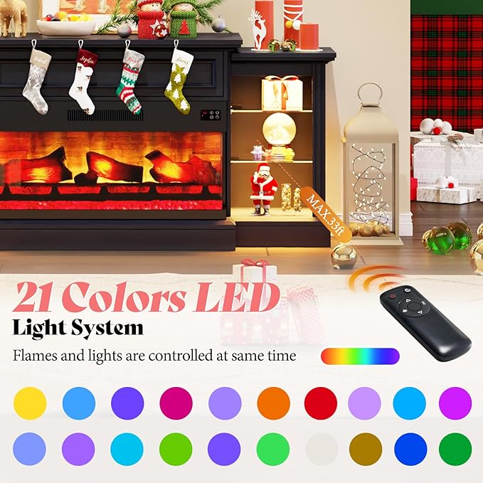 AMERLIFE 70" Farmhouse Electric Fireplace TV Stand, 3-Sided Entertainment Center with Mantel for TVs up to 75", Adjustable Shelves & LED Lights, Antique Black