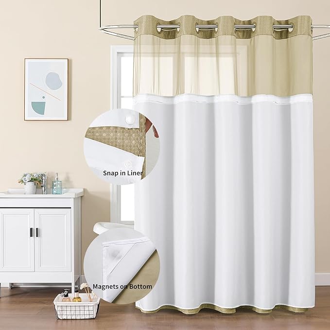 Colorful Star No Hook Waffle Shower Curtain with Snap in Fabric, Waterproof Shower Curtains with See Through Top Window, Hotel Luxury Heavy Duty Bathroom Curtain and Liner Set, 72'' x 75'', Beige