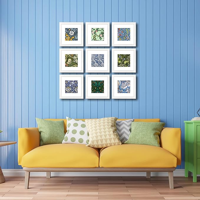 8x8 Picture Frame Set of 9 for Pictures 5x5 with Mat or 8x8 Without Mat, Wall Gallery or Tabletop display Photo Frames in White