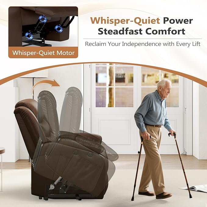 ANJ Power Lift Recliner Chair with Massage and Heat, PU Leather Overstuffed Electric Lift Chair for Elderly, Oversized Single Sofa Recliner with Side Pockets, Remote Control(Brown)