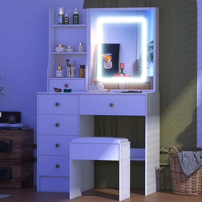 Vanity Desk with Sliding Mirror and LED Lights, Small Makeup Vanity Table Set with Chair and Drawers, White Vanity with Lighted Mirror for Bedroom, Dressing Table for Teen Girls and Women