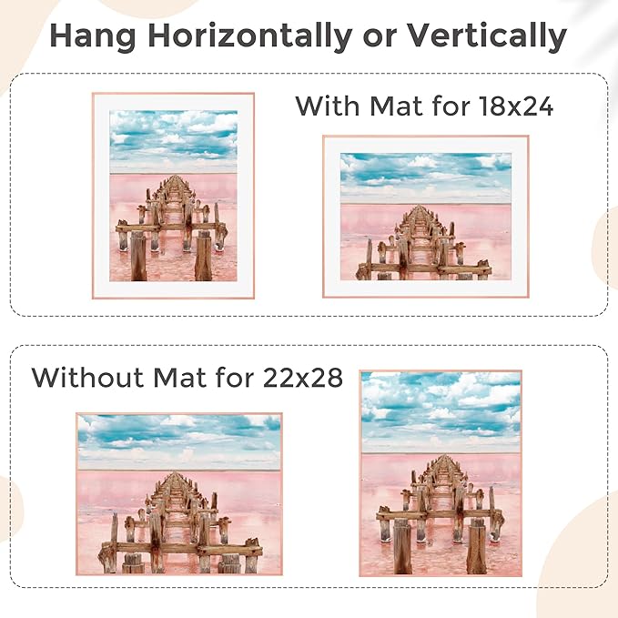 22x28 Metal Picture Frame For Wall With Mat For 18x24, 22''x28'' Aluminum Photo Frames With Tempered Glass, Minimalist Modern Poster Frame Horizontally Vertically Set of 2, Rose Gold