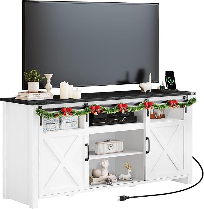 YITAHOME TV Stand for 75 Inch TV with Power Outlets, Farmhouse Entertainment Center with Sliding Barn Doors & Adjustable Shelves, TV Media Console Storage Cabinet for Living Room, Bedroom, White/Black