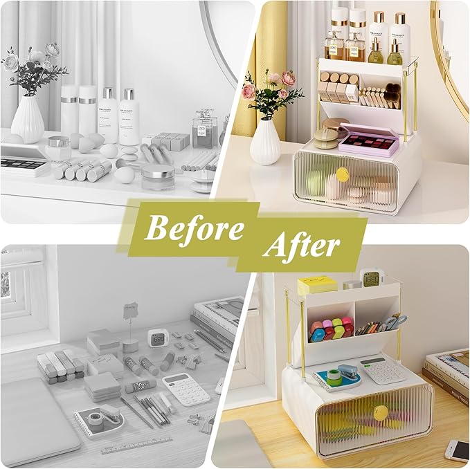 FOLLOWIN Bathroom Counter Organizer with Drawer,Dresser Top Organizer with Make Up Brush Holder,Makeup Shelf,Vanity Organizers,Cosmetic Perfume Organizer,Clear