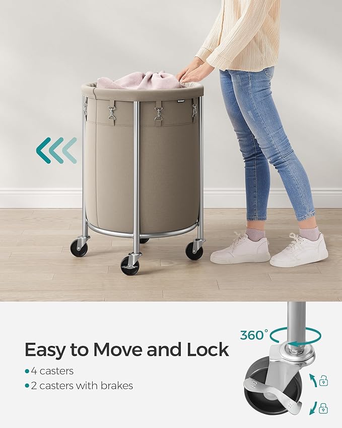 SONGMICS 29-Gallon (110 L) Laundry Basket with Wheels, Rolling Round Heavy-Duty Laundry Hamper Cart with Steel Frame and Removable Bag, 2 Locking Wheels, Camel Brown and Metallic Silver URLS002N01