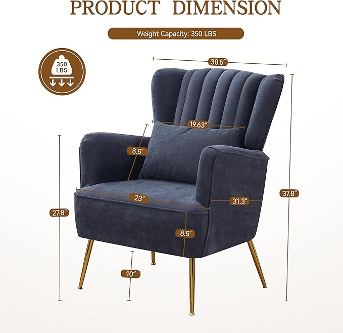 Fabric Accent Living Room Arm Chair with Pillow & Golden Legs, 8.5" Thick Cushion, Mid Century Modern Wingback Chairs Upholstered Comfy Sofa Armchair for Reading Room/Bedroom, Navy
