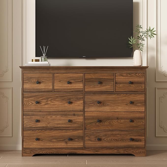 LYNSOM Modern 10 Drawer Dresser, 55.1" Wide Dressers & Chests of Drawers with Large Capacity Storage, Wood Mid Century Storage Dressers Organizer for Bedroom, Hallway, Brown