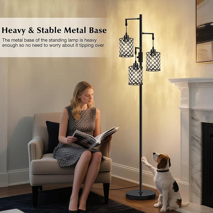 GyroVu Crystal Floor Lamps for Living Room, 3-Light Black Floor Lamp, Standing Tall Lamp with Elegant K9 Crystal Shade & Rotary Switch, Modern Corner Floor Lamp for Bedroom, Home Office, Reading