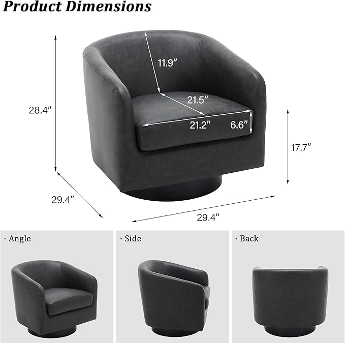 Swivel Barrel Accent Chair, Modern Round Faux Leather Arm Chair for Living Room, Bedroom, Comfy Club Reading Chairs for Adults (Faux Leather, Black Grey, Set of 2)