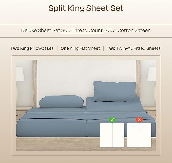 California Design Den Split King Sheets Sets for Adjustable Bed -Buttery Soft 800 Thread Count 100% Cotton Set, Beats Fake Egyptian Claims, Sateen Bedding Set with Durable Twin XL Fitted Sheets (Blue)