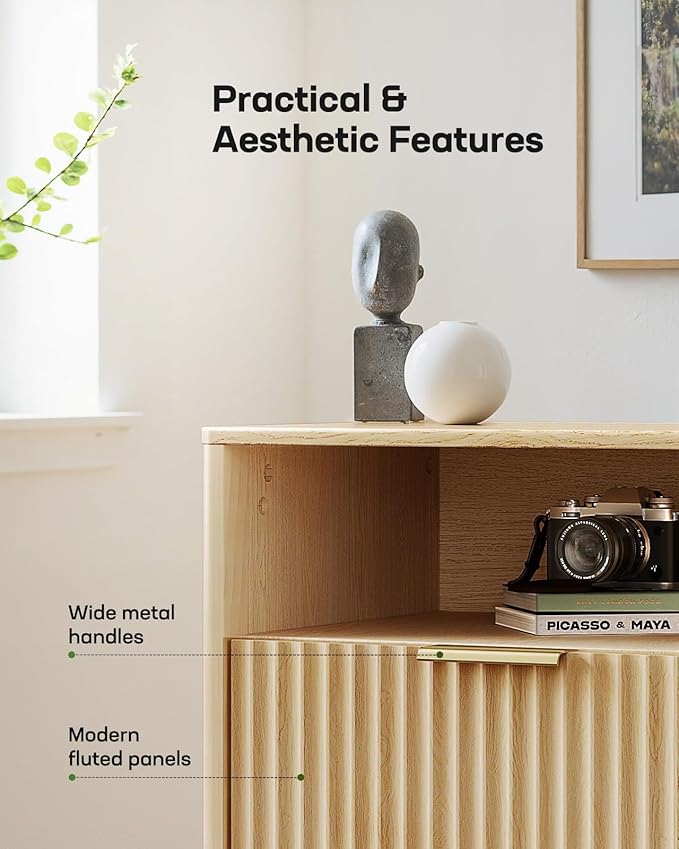 Marsail 59″ Wide TV Stand for TVs Up to 65″, Modern Entertainment Center with Fluted Panels, 3 Easy-Sliding Drawers, Open Shelves & Cable Hole, 3-Tier TV Stands for Living Room & Bedroom, Natural Oak