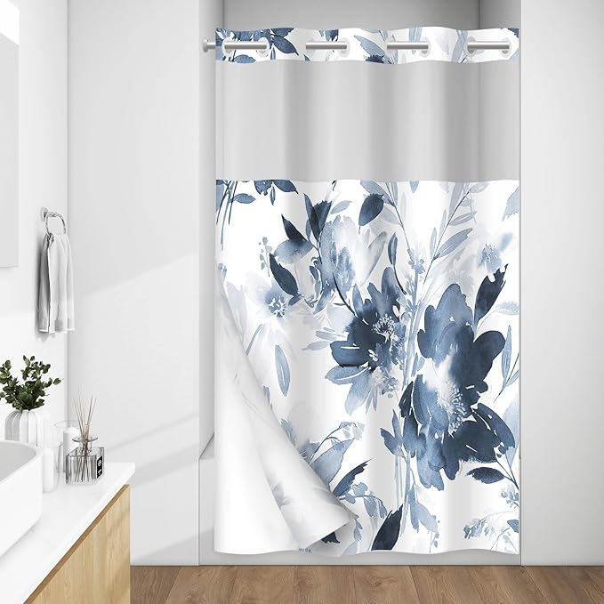 No Hook Shower Curtain with Snap in Liner - Floral Shower Curtain - Fabric Waterproof Inner Liner, Plants Navy Blue Flowers Modern Cloth Shower Curtains - Machine Washable, 54 x 80