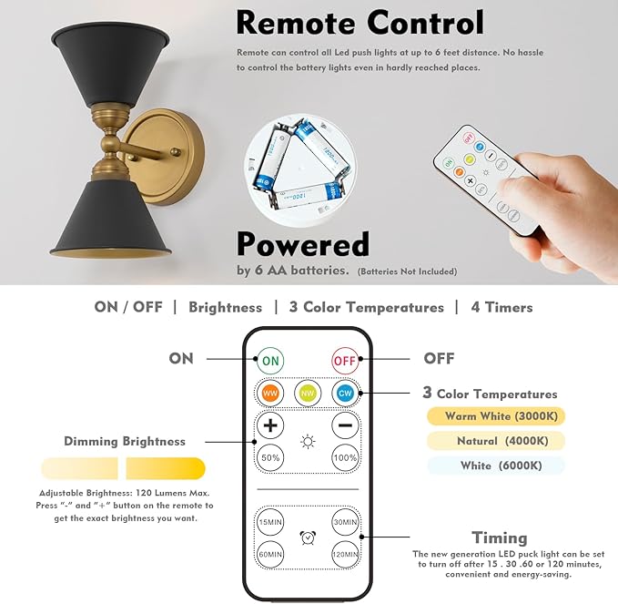 HEQIQEH Set of 2 Vintage Battery Operated 2-Lights Wall Sconces, Indoor Up and Down Wall Light Fixtures with Remote Control, Dimmable Cordless Wall Lamps for Hallway, Living Room, Stairs