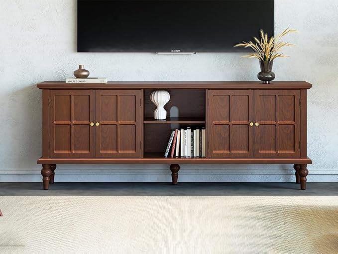 3More 67" Mid Century Modern TV Stand with Window Design,Wood Entertainment Center with Open Shelf,Up to 70" Media TV for Living Room or Bedroom,Walnut