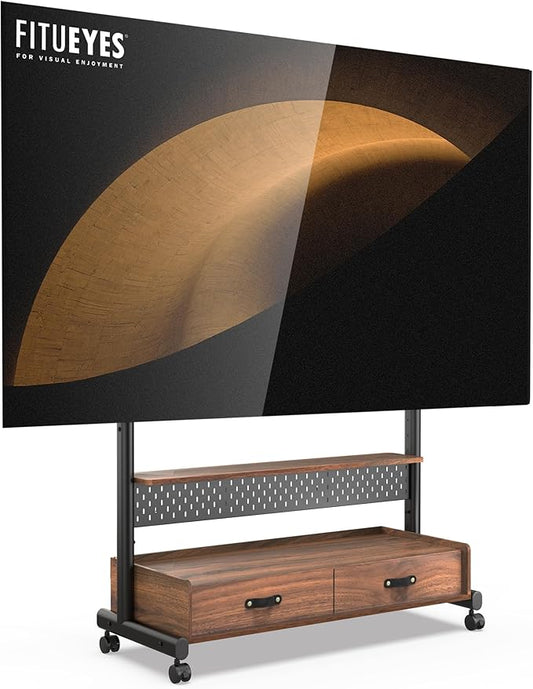 FITUEYES Rolling TV Stand with Drawers for 70 to 100 Large TV Screens，Mobile TV Floor Stand on Wheels with Ample Storage Pegboard & Wooden Shelf, Rolling TV Cart Hold up to 176 lbs, Max VESA 850 x 600