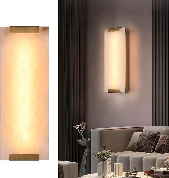 14.2in Alabaster Wall Sconce, Large Natural Marble Wall Light Decor, LED Modern Wall Lamp for Bedroom, Stairs, Living Room, Vanity, Bedside, Hallway （Brushed Bronze 12W）