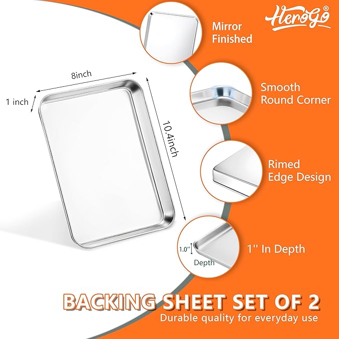 Herogo Nonstick Stainless Steel Baking Sheet Pan Set, 10×8×1 Inch Rectangle Cookie Sheet Bakeware Set for Oven, 2 Pack Multipurpose Kitchen Cookware, Non Toxic & Heavy Duty & Easy Clean- Small