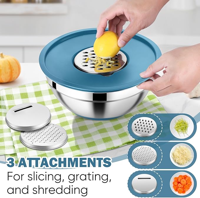 E-far 25PCS Mixing Bowls with Lid Set, Stainless Steel Nesting Prep Bowls with Grater Attachments Non-Slip Bottoms for Cooking, Baking, Serving, Food Storage, 4.6/2.6/2/1.5/1/0.7QT - Blue