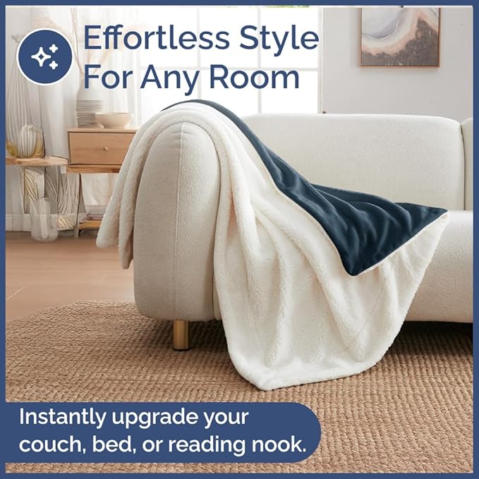 Sherpa Fleece Blanket Twin Size - Reversible Sherpa Fleece Twin Blanket - Super Soft, Double Sided for Bed, Sofa, Couch - Thick, Warm, Fuzzy and Plush - Luxurious Bedding for Winter - Navy, 60" x 80"