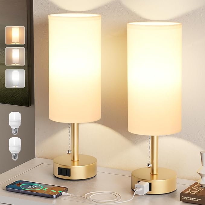 Gold Bedside Table Lamps Set of 2-3 Color Temperatures Pull Chain Lamp with AC Outlet Charging Port, Two Round Night Stand Lamps for Bedroom Office Living Room