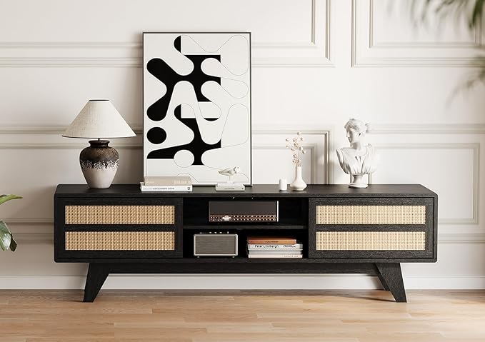 Claiks Boho TV Stand for 70 Inch TV, Modern TV Console with 2 Rattan Storage Cabinets & Adjustable Shelf, Woven TV Stand for Living Room, Black