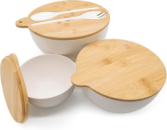 Salad Bowls Set of 3 with Seal Lid & Serving Utensils, Bamboo Fiber Mixing Bowls Set Large Serving Bowls & Storage Set with Bamboo Lid for Salad, Kitchen Eating, Pasta, Popcorn, Fruit, White