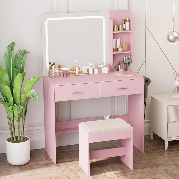 Makeup Vanity with Lighted Mirror & Electrical Outlet - 2 Shelves, 2 Drawers, Bottom Storage - Comes with Upholstered Stool （Pink）