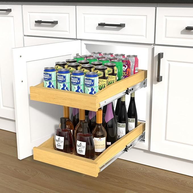 2 Tier Pull Out Cabinet Organizer, 23"W x 21"D Solid Wood Heavy-Duty Base Bottom Assembly Slide out Drawer Shel Cabinet Organization for Kitchen, Pantry, Bathroom