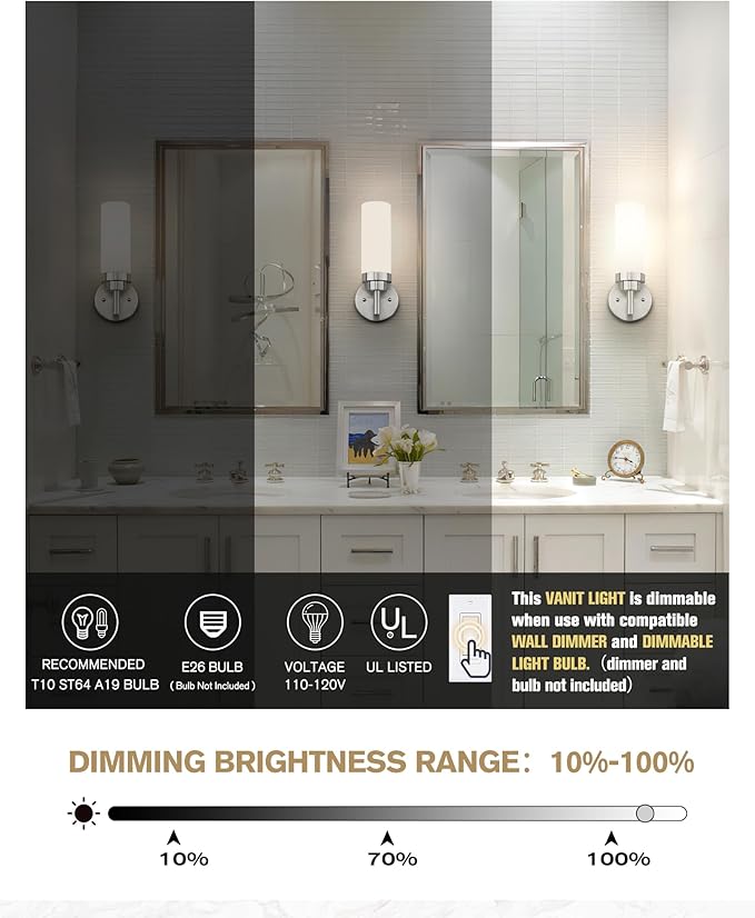 Emak Modern Brushed Nickel Sconces, Bathroom Vanity Light with Milk Glass Shade, Wall Sconce for Bathroom, Bedroom, Living Room, Hallway, WS085-BN-ML