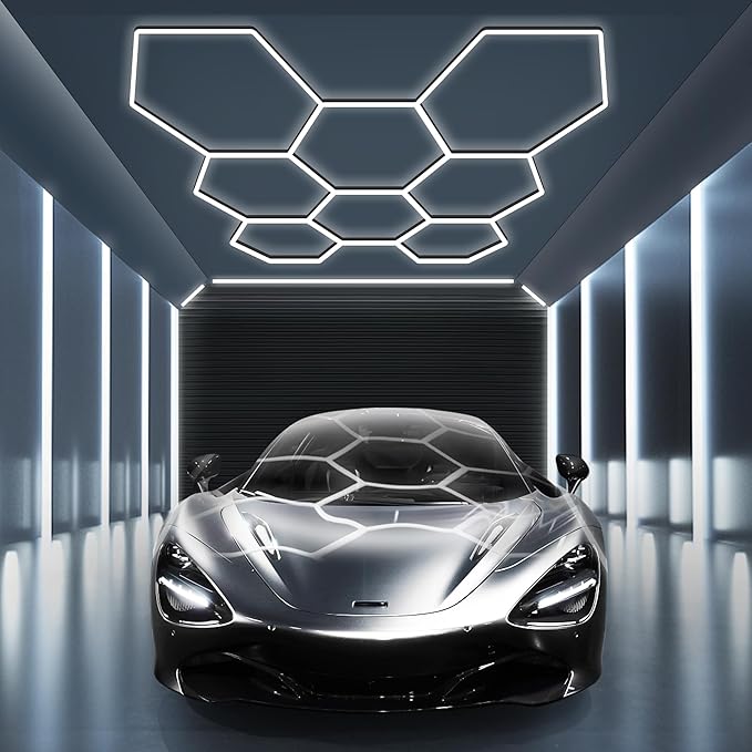 MODERN Hexagon Garage Light: Higher Brightness 38880 Lumens Honeycomb Garage Light, 8 Grid Systems 6500K, Hexagon Garage Grid Lighting for Garage, Gym, Car Detailing Shop etc.