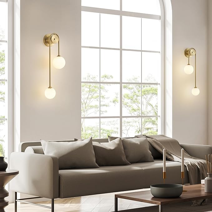 Golden Wall lamp Double Ball, mid-Century Modern Glass Wall sconces,with G9 Tricolor Bulb for Living Room Bedroom Bedside Stairs Restaurant Bathroom Corridor Aisle Lighting