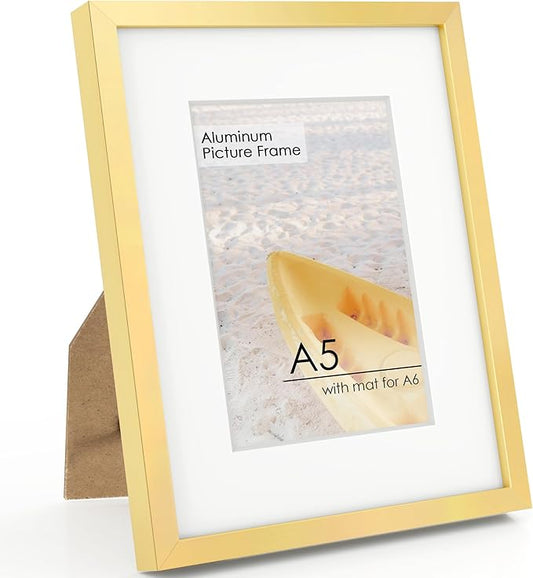 A5 Picture Frame Gold - High-End Metal Frame for Wall, Photo Frame with Mat A6, Poster Frame 5.8x8.3, Aluminum Frame and Real Glass, Diploma, Certificates, Decor, Wall Kit, Gold