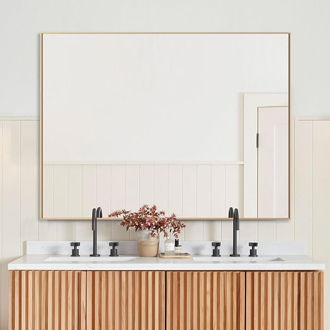 36x48 Inch Gold Bathroom Mirror, Copper-Free Aluminum Alloy Frame Vanity Mirror, Rectangle Wall Mounted Modern Mirror for Bedroom/Living Room/Porch Horizontal or Vertical