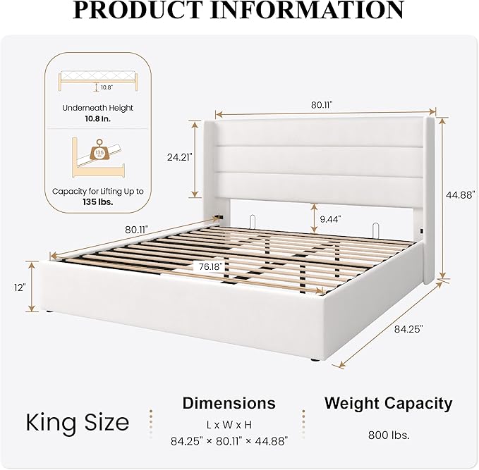 SHA CERLIN King Size Lift Up Storage Bed/Velvet Upholstered/Modern Wingback Headboard/Upholstered Platform Bed Frame/Hydraulic Storage/No Box Spring Needed/White