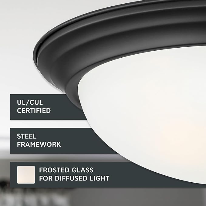 DESIGNERS FOUNTAIN Reedley 2-Lights Flush Mount Ceiling Light, 11 Inch Lighting Fixture for Kitchen, Bedroom, Bathroom, and Hallway, Matte Black with Etched Glass, 1257S-MB-W